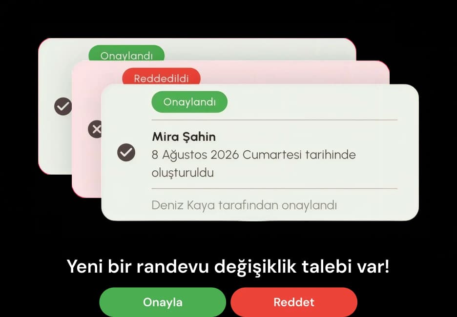 Tattoo Appy talep kartları: onaylanan ve reddedilen randevu değişiklik talepleri, Onayla ve Reddet butonları
